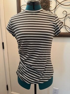 Madewell Green Cream Striped Short Sleeve Top Side Gathering Size Small NWOT